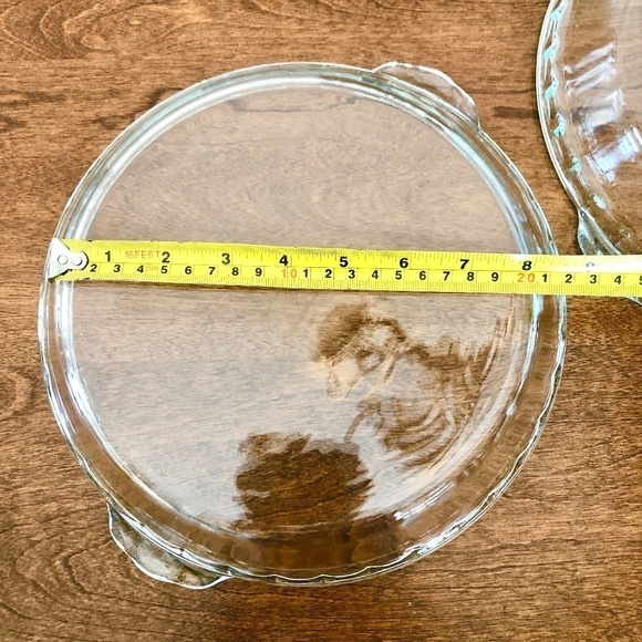 Pyrex, Clear Glass, Scalloped Edge, Pie Plates, Handles, Green Tint, Set of 2 - Picture 12 of 13